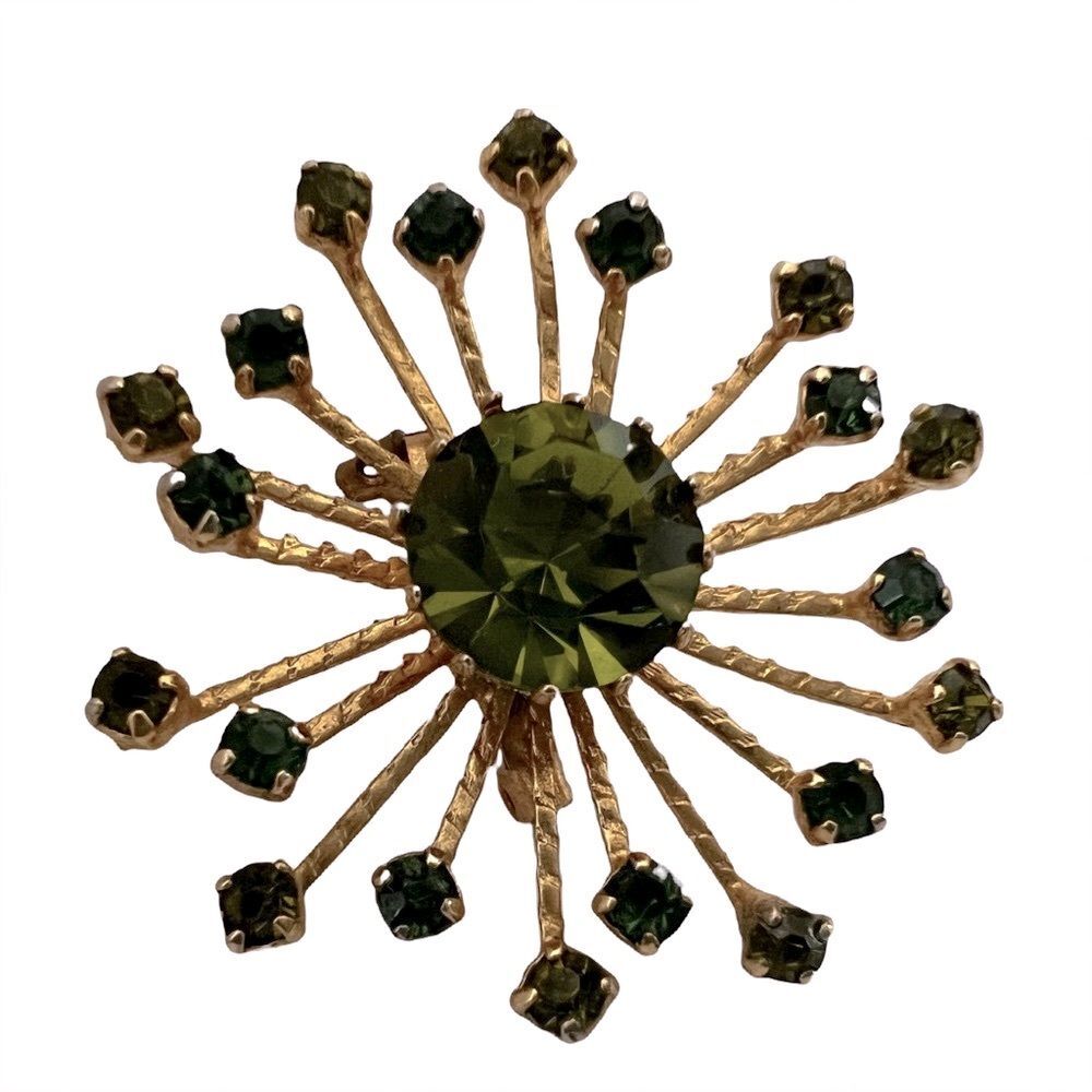 Vintage Rare Boho Fashion Brooch Gold Tone Green Rhinestones